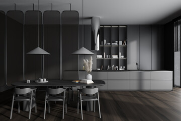 Grey kitchen interior with bar countertop and dining zone with decoration