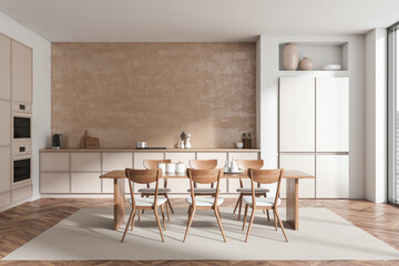 Luxury kitchen interior with eating table and seats, kitchenware and window