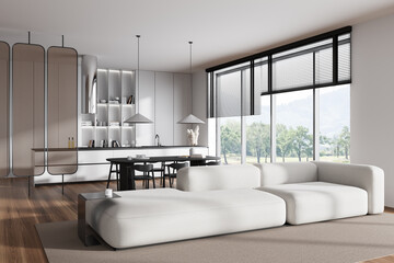 Fototapeta na wymiar Luxury studio interior with chill and eating area, panoramic window