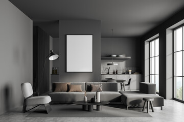 Obraz na płótnie Canvas Grey studio interior with chill and dining area, panoramic window. Mockup frame