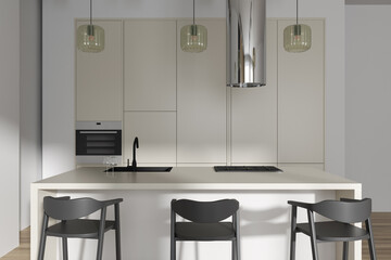 Front view on bright kitchen room interior with island, barstools