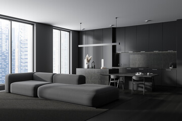 Naklejka na ściany i meble Grey studio interior with chill and cooking area near panoramic window