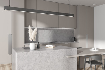 Beige kitchen interior with bar countertop and eating table, decoration