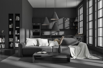 Grey studio interior with chill and dining space, panoramic window