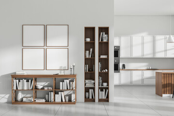 Stylish kitchen interior with drawer and decor, cooking zone. Mockup frames