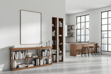 Stylish kitchen interior with decor and cooking space, window. Mockup frame