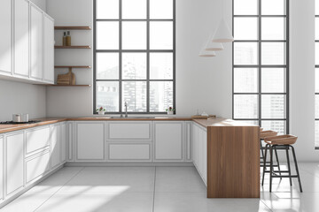 Light kitchen interior with countertop and kitchenware, panoramic window