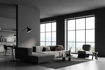 Fototapeta na wymiar Grey studio interior with relax and cooking area, panoramic window