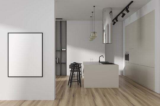 Light kitchen interior with bar countertop and chais, cooking area. Mockup frame
