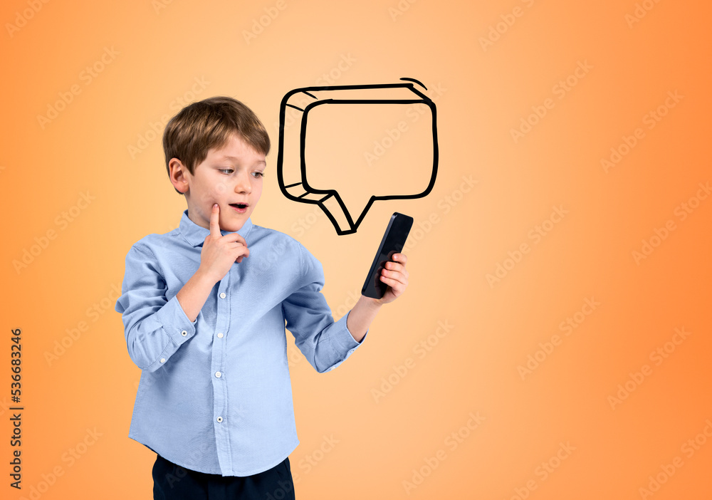 Poster boy using smartphone with copy space speech bubble on orange background