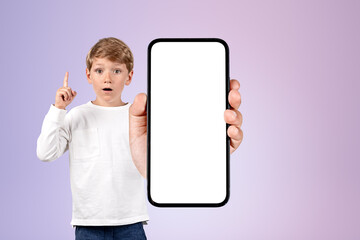 Fototapeta na wymiar Child finger pointing up, phone mockup display on gradient background