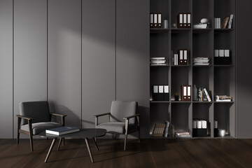 Business interior with relax area and coffee table, shelf. Empty wall