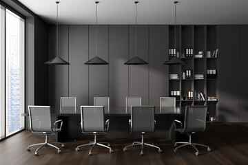 Fototapeta premium Grey office room interior with table and seats, panoramic window