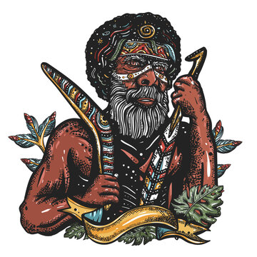 Australian ethnic tribe aboriginal man. Ancient warrior. Old school tattoo vector art. Hand drawn graphic. Isolated on white. Traditional flash tattooing style