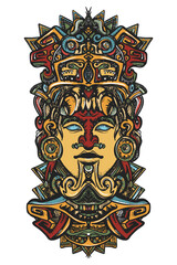 Ancient aztec totem, Mexican god. Mayan civilization. Idol. Old school tattoo vector art. Hand drawn graphic. Isolated on white. Traditional flash tattooing style - obrazy, fototapety, plakaty