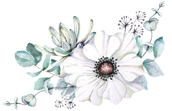 Bouquet anemone ad flower painted with watercolors.Suitable for decorating wedding invitation cards.Vintage style.