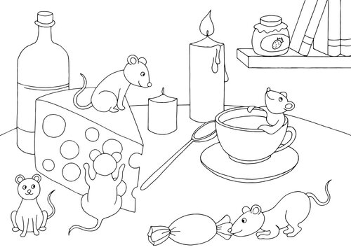 Funny mouse play on table graphic black white sketch illustration vector