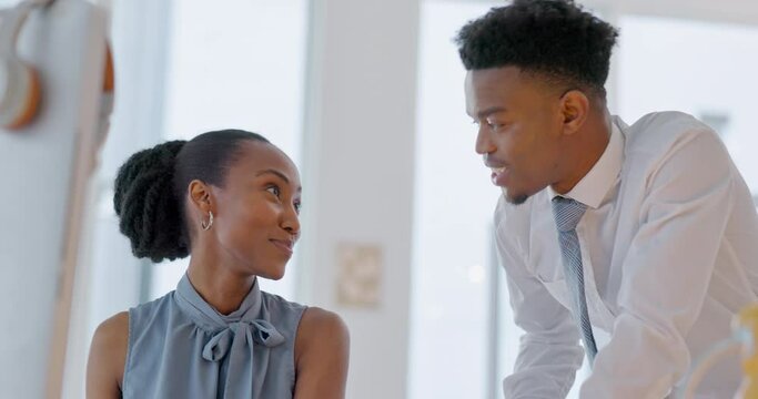 Learning, computer training and coaching call center intern in customer service, contact us startup and b2b consulting office. Smile, happy and black woman in help from crm leader on technology sales