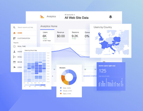 Google analytics infographic chart. Traffic statistic on website. Marketing software. Ads analisis. Seo optimization. Vector illustration.