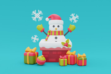 Christmas background with fireplace, presents and snowman. Merry Christmas and Happy New Year. 3d rendering.