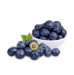 Fresh blueberry in white cup with leaves isolated on transparent background. (.PNG)