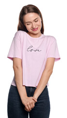 Fototapeta premium Embarrassed young woman in shirt on white background
