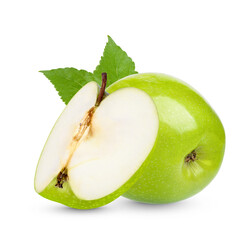 Fresh green apple with leaves isolated on transparent background. (.PNG)