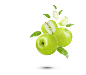 Water splash on fresh green apple with leaves isolated on transparent background. (.PNG)