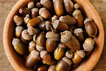 Bowl of acorns on wooden table, closeup