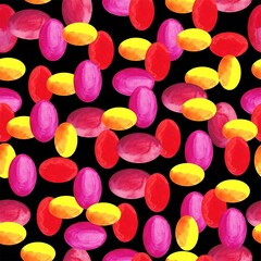 Hand drawn watercolor oval shapes on seamless pattern. Black background. Red, pink, violet, yellow, orange colors.