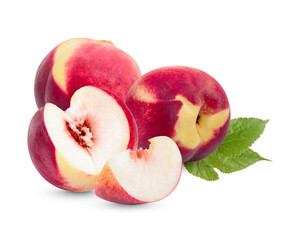 Fresh peach with leaves isolated on transparent background. (.PNG)