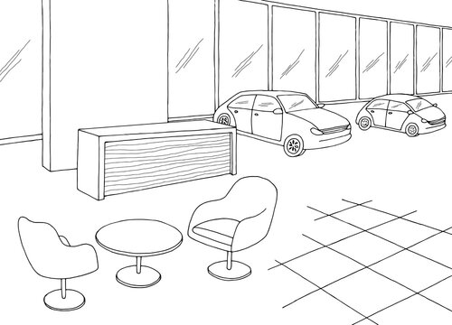 Car showroom graphic black white store interior sketch illustration vector 