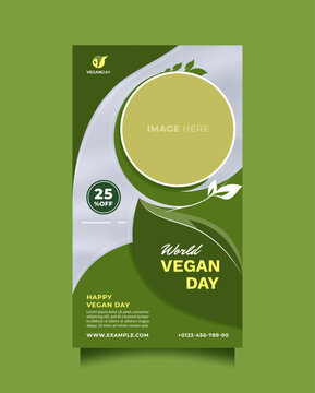 World Vegan Day Greeting And Advertising Template For Social Media Story Post. Beautiful Green Design Vector Poster And Banner To Promote Healthy Food, Vegetarian Food And Natural Products