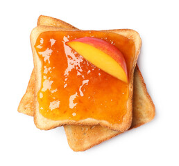 Delicious toasts with jam isolated on white, top view