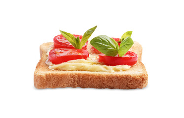 Delicious toast with butter, tomatoes and basil isolated on white