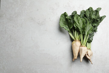 Fresh sugar beets with leaves on light grey table, flat lay. Space for text - Powered by Adobe