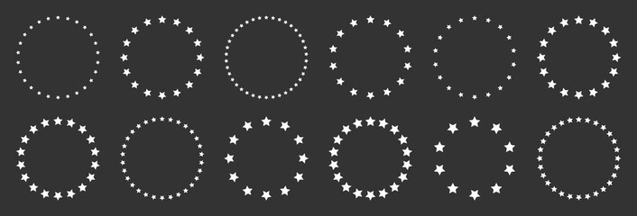 White stars of various sizes arranged in a circle. Round frame, border. Black star outline, simple symbol. Design element, ornament. Line art. Vector illustration