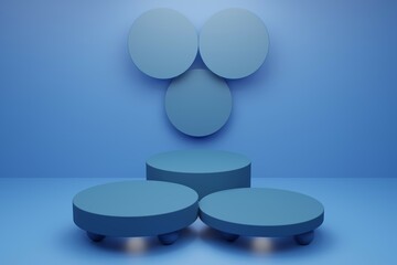Blue 3D rendered illustration stages empty space with modern design elements in the 3Dbackground