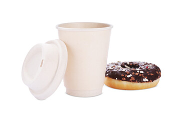 Tasty fresh donut with sprinkles and hot drink isolated on white