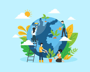 people save the planet globe background. save ecology eco friendly concept. vector illustration in flat style modern design. world environment day.