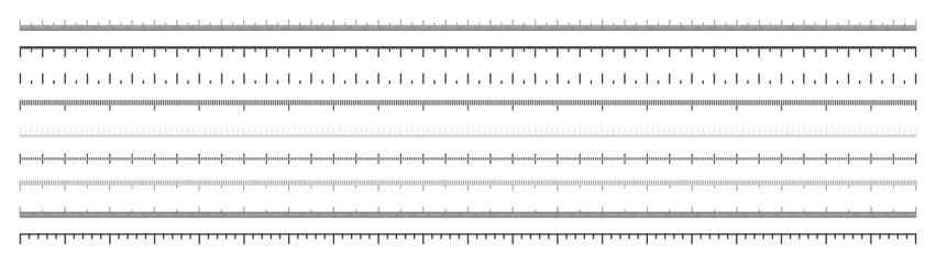 Various measurement scales with divisions. Realistic long scale for measuring length or height in centimeters, millimeters or inches. Ruler, tape measure marks, size indicators. Vector illustration