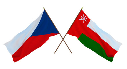 Background, 3D render for designers, illustrators. National Independence Day. Flags Czech Republic and Oman