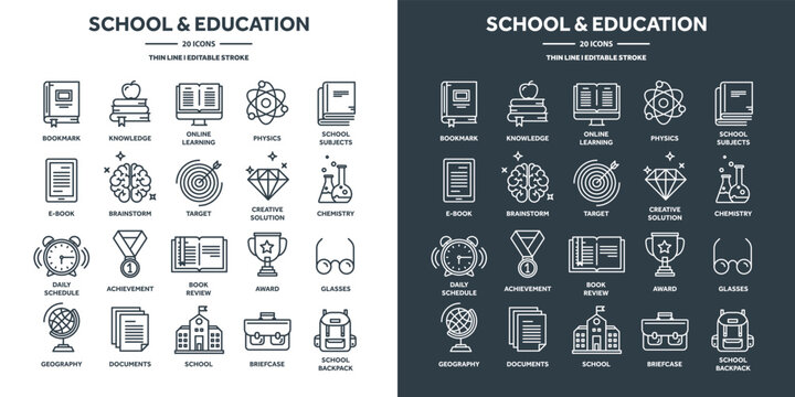 School education, university studies. Study, learning and educational process. Online lessons, e-learning with video tutorials. Knowledge acquisition. Thin line web icons set. Vector illustration