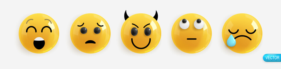 Emotion Realistic 3d Render. Set Icon Smile Emoji. Vector yellow glossy emoticons.
