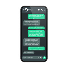 Realistic smartphone with messaging app. SMS text frame. Conversation chat screen with green message bubbles and placeholder text. Dark mode. Social media application. Vector illustration