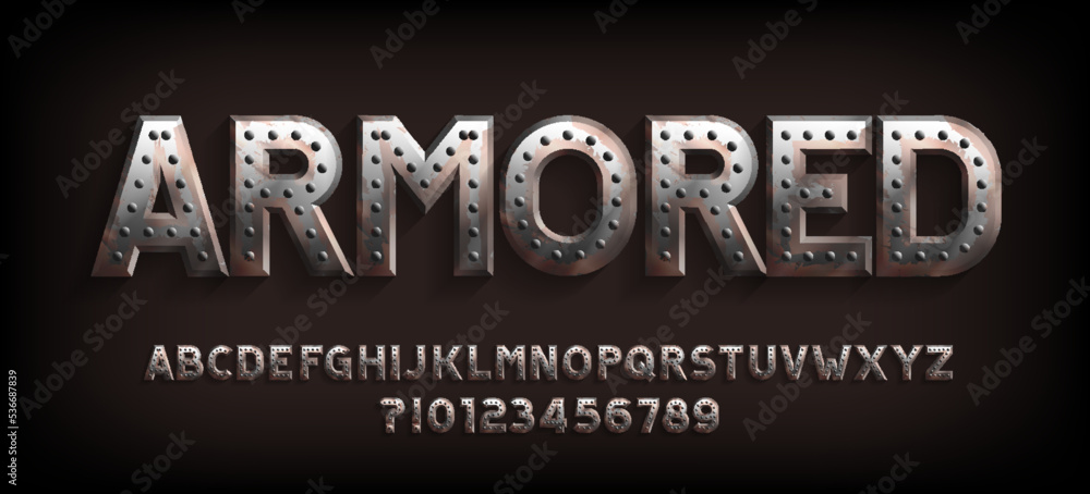 Fototapete armored alphabet font. rusty metal letters and numbers. stock vector typeface for your design.