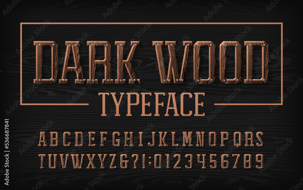 Fototapete dark wood alphabet font. chiseled letters and numbers with nails. stock vector typescript for your d