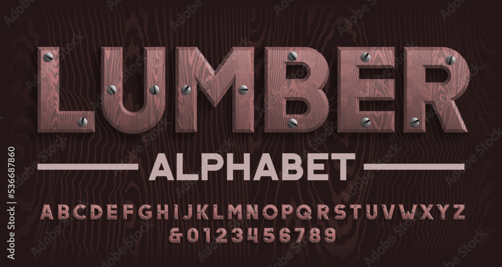 Fototapete lumber alphabet font. wooden letters and numbers with screws. stock vector typescript for your desig