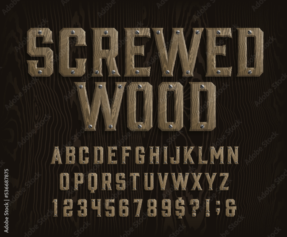 Fototapete screwed wood alphabet font. wooden letters and numbers with screws. stock vector typescript for your