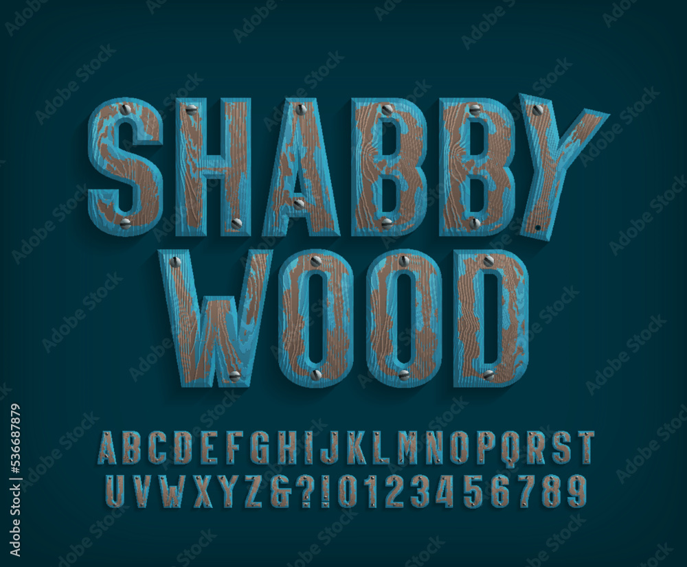 Fototapete shabby wood alphabet font. painted wooden letters and numbers with screws. stock vector typescript f